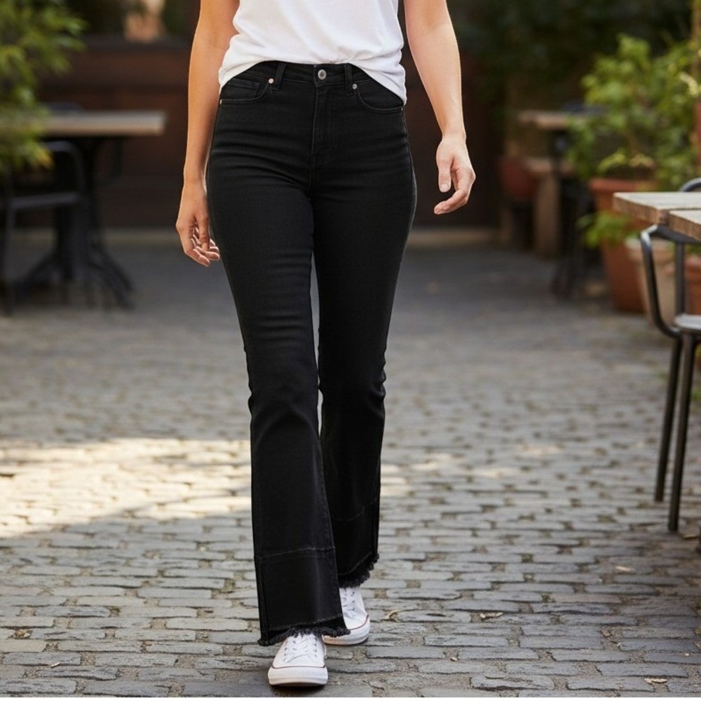 AYR Jeans Chill Uniform Size 24 High Rise Raw Hem Flare Black Denim Womens